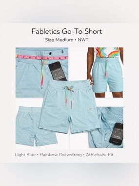 Fabletics Go-To Short Light Blue Rainbow Drawstring Pride Shorts Size M NWT